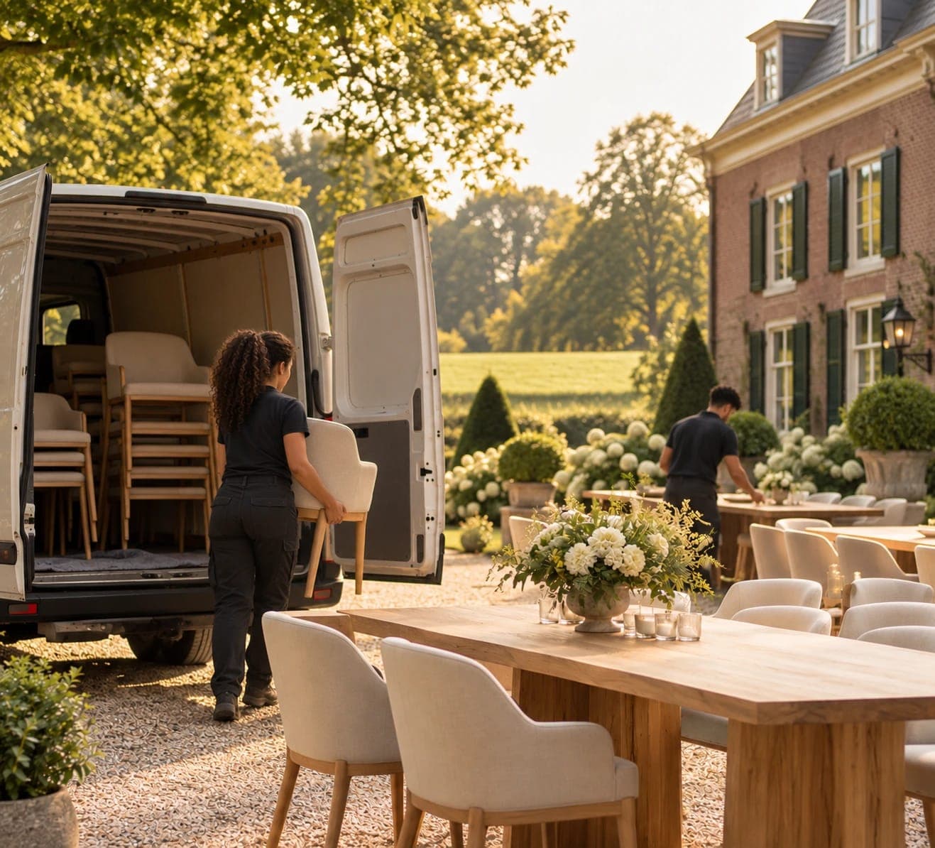 Ons team laadt stoelen en tafels in de bus en bouwt ze op bij een landgoed voor een bruiloft